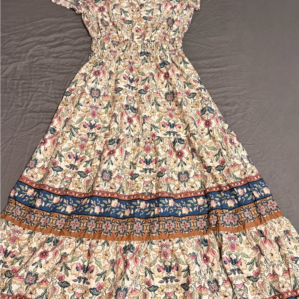 Cynthia Rowley Floral Maxi Dress with Blue and Tan Accents